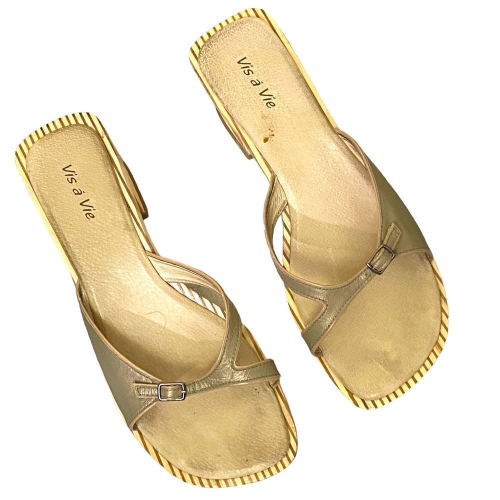 Retro Vis a Vie Gold Leather Wood Slide Sandals Size 9